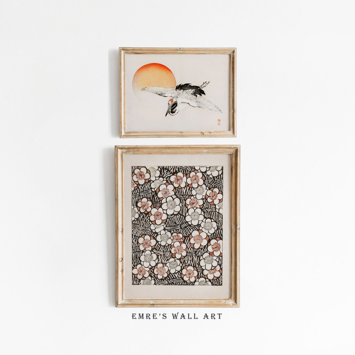 Japanese Crane with Red Sun and Cherry Blossom Pattern Art Set Poster
