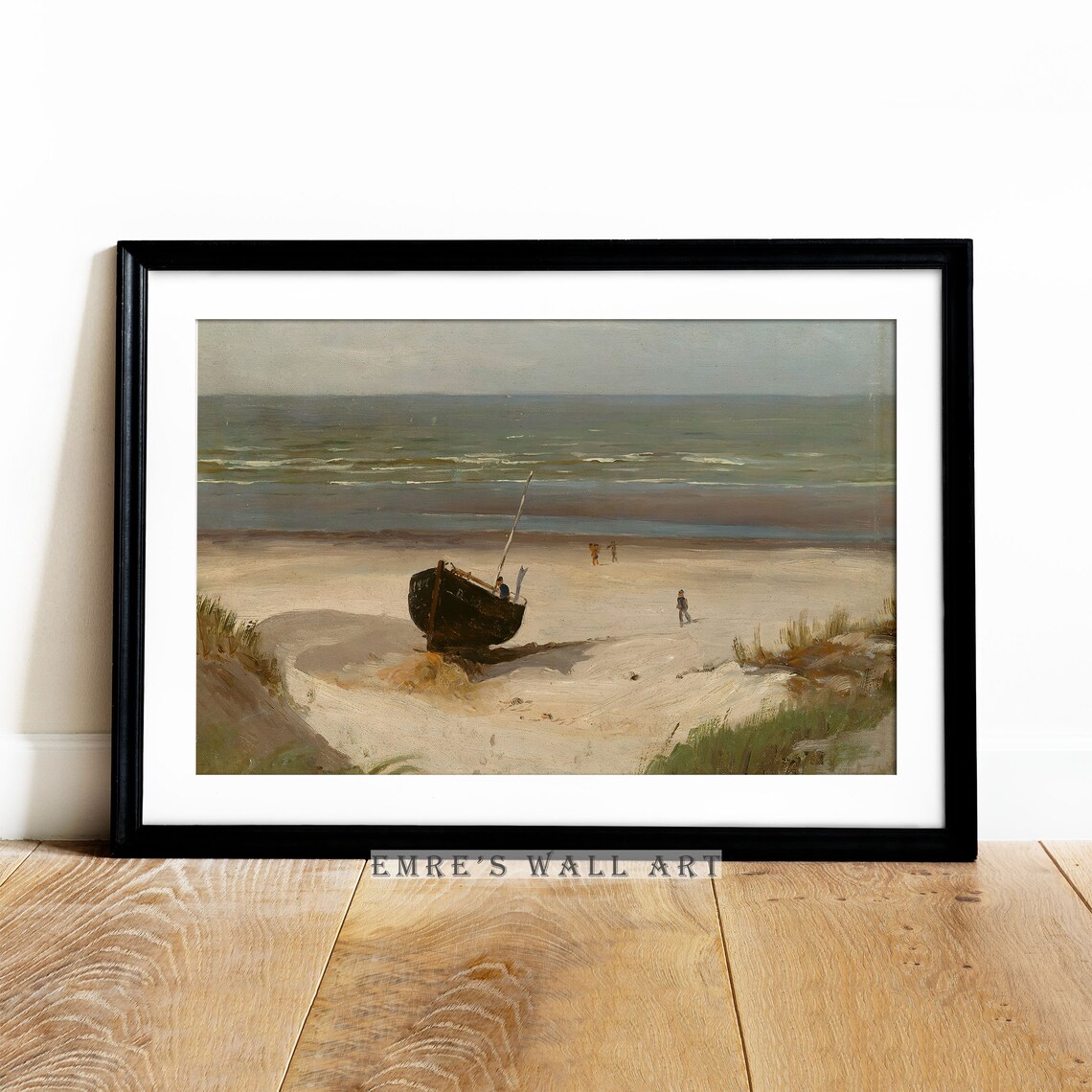 Muted Coastal Beach Painting Beached Boat Figures Calm Sea Vintage Poster - Image 2