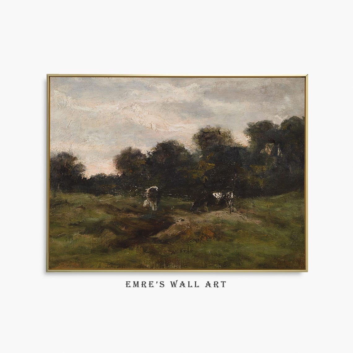 Vintage Countryside Oil Painting Meadow Landscape Art Print Vintage Farmhouse Gallery Wall Art Rustic Green Painting