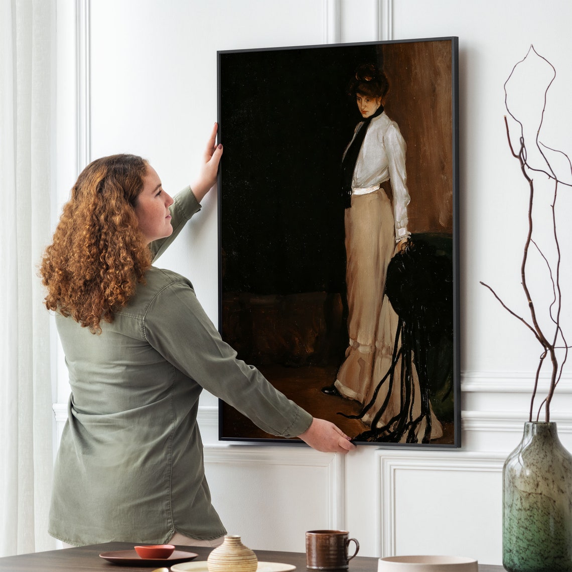 Moody Vintage Woman Oil Portrait White Blouse Dark Background Poster - Image 2