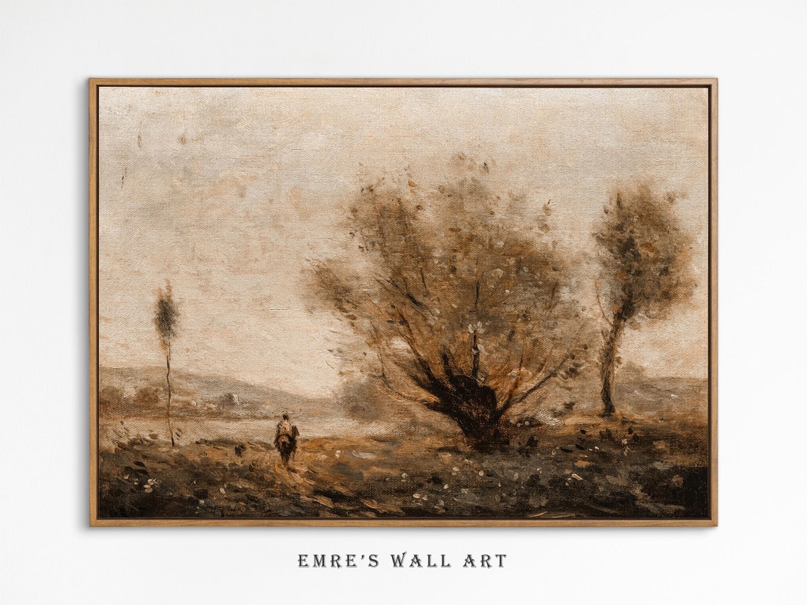 Muted Brown Countryside Rider Willow Trees Vintage Painting Poster - Image 2