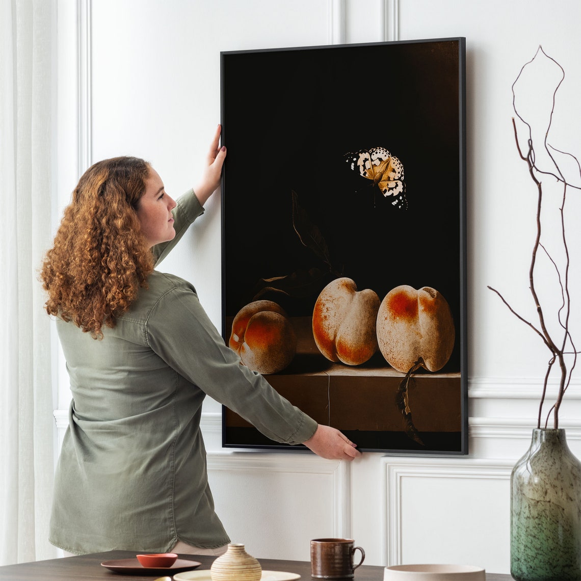 Three Peaches Butterfly Dark Moody Baroque Still Life Painting Poster - Image 2