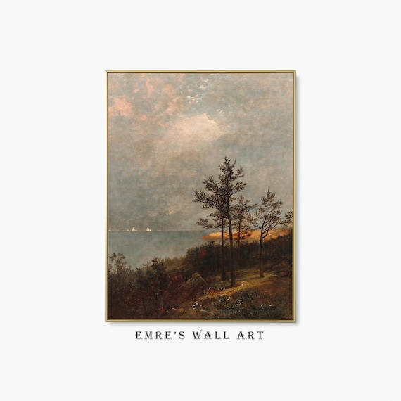 Vintage Autumn Lake Landscape Art Print, Rustic Fall