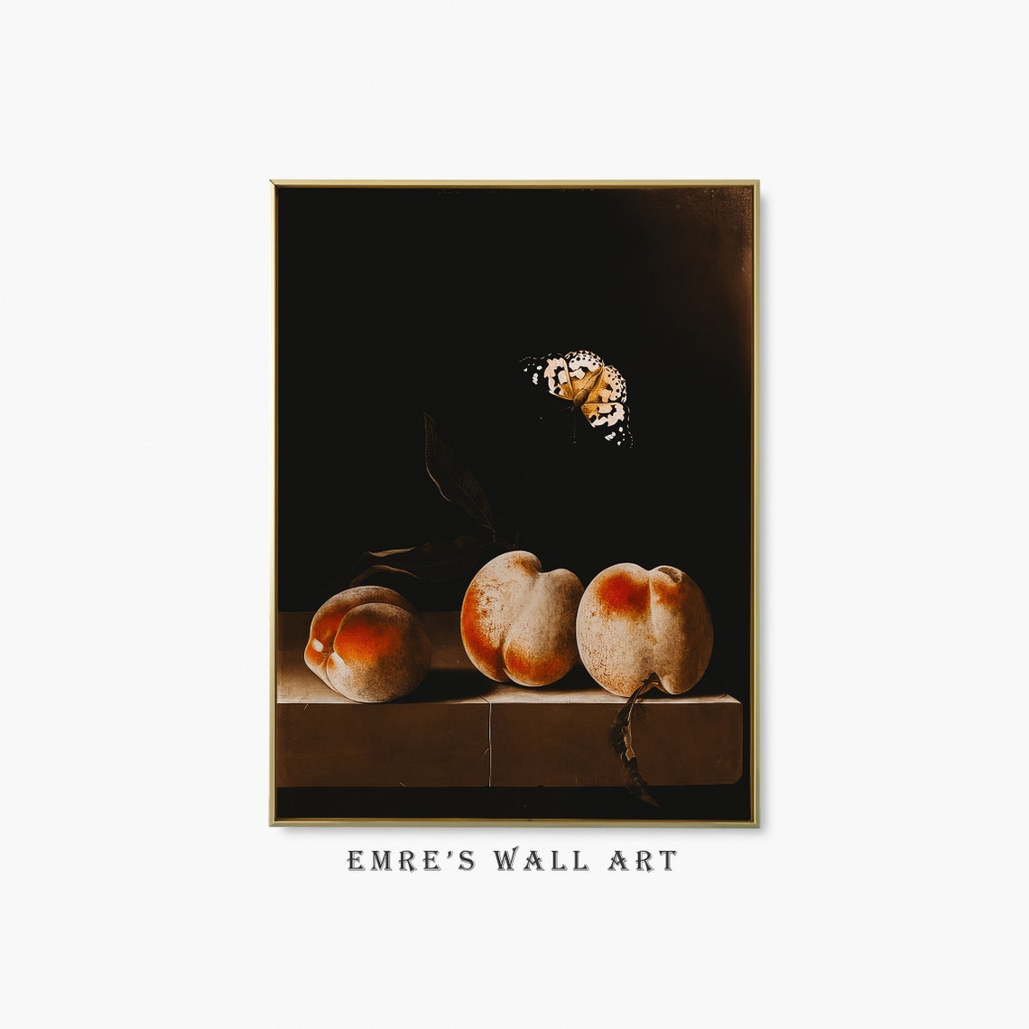 Three Peaches Butterfly Dark Moody Baroque Still Life Painting Poster