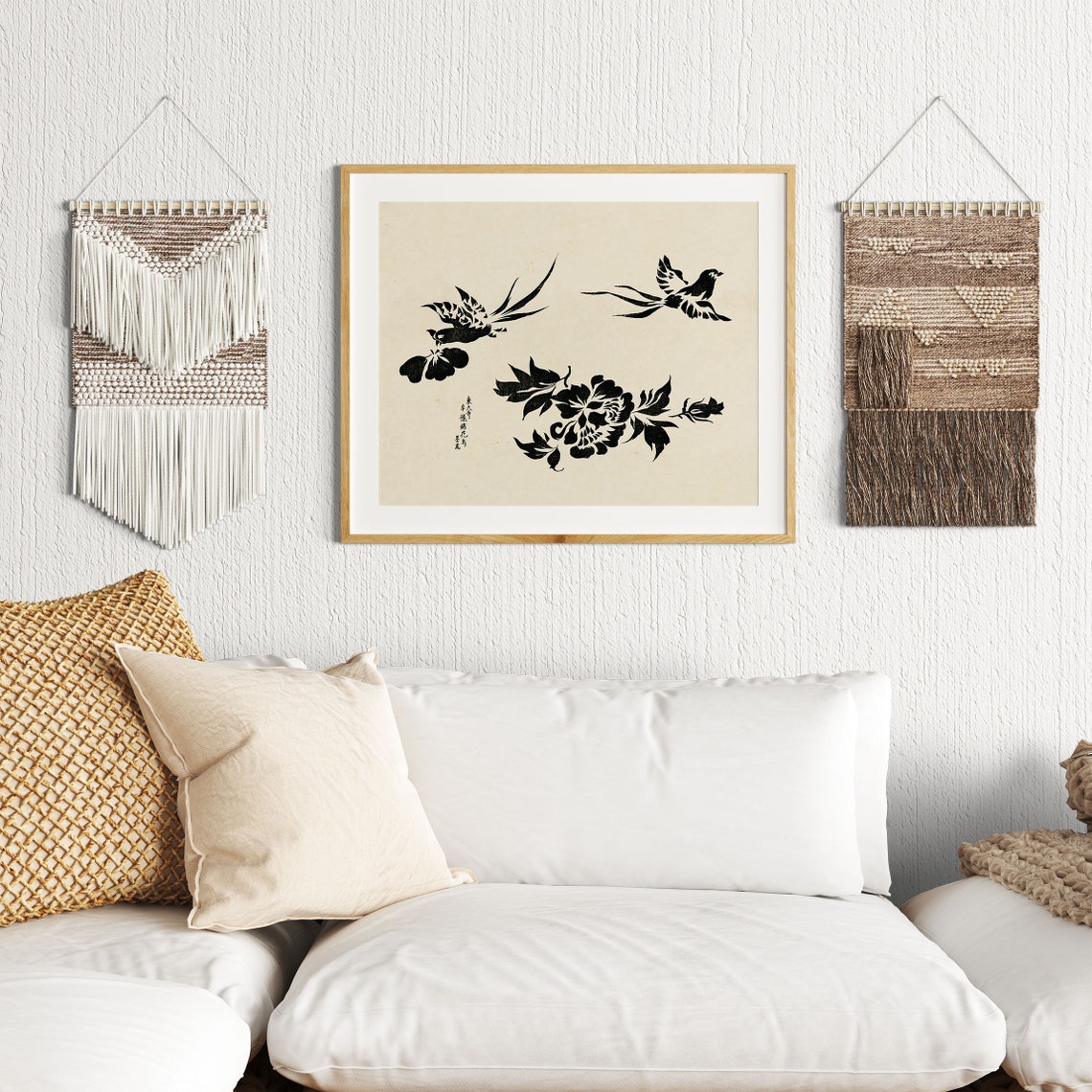Japanese Birds and Flowers Black Ink Minimal Asian Art Poster - Image 2