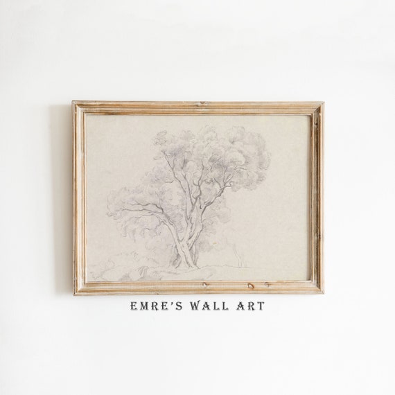 Tree Sketch Art Print Neutral Landscape Drawing Wall Art Rustic Landscape Sketch Drawing Vintage Sketch Art Print Instant