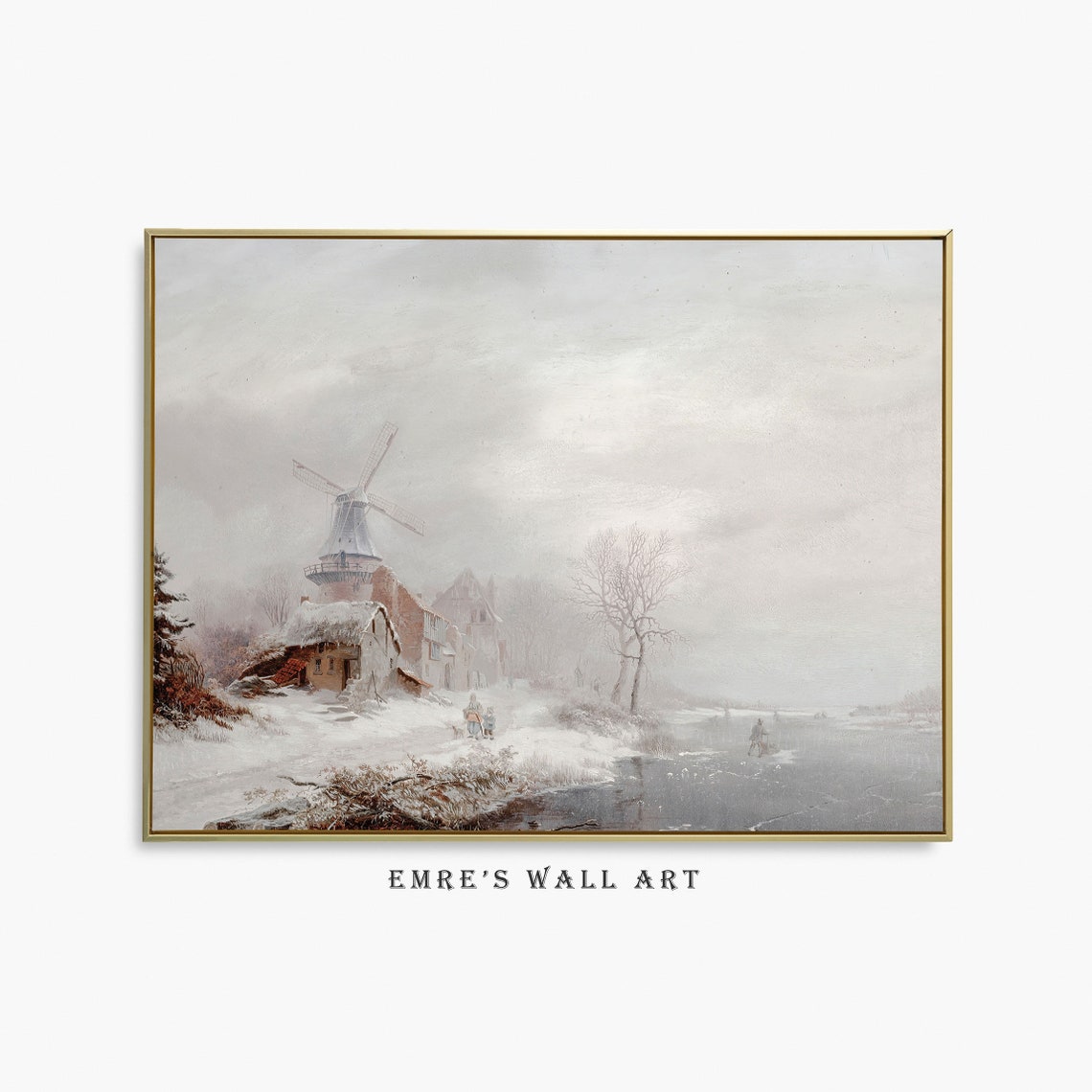 Dutch Windmill Frozen Canal Snowy Winter Landscape Oil Painting Poster