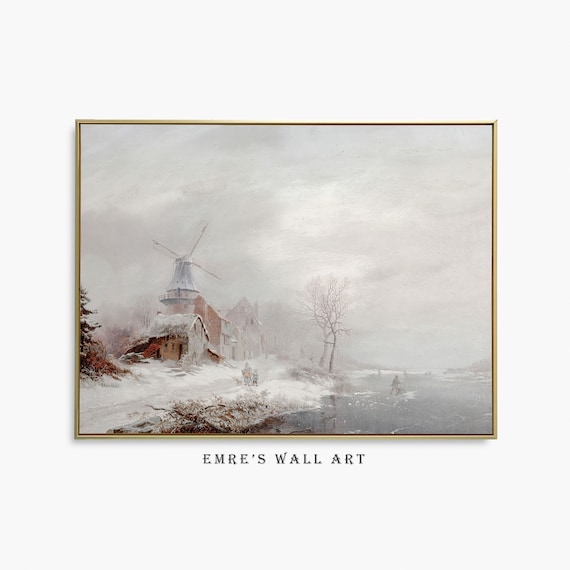 Dutch Windmill Frozen Canal Snowy Winter Landscape Oil Painting Poster