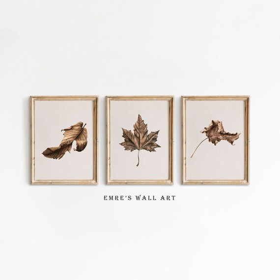 Pressed Autumn Leaves Botanical Trio Neutral Farmhouse Wall Print Set