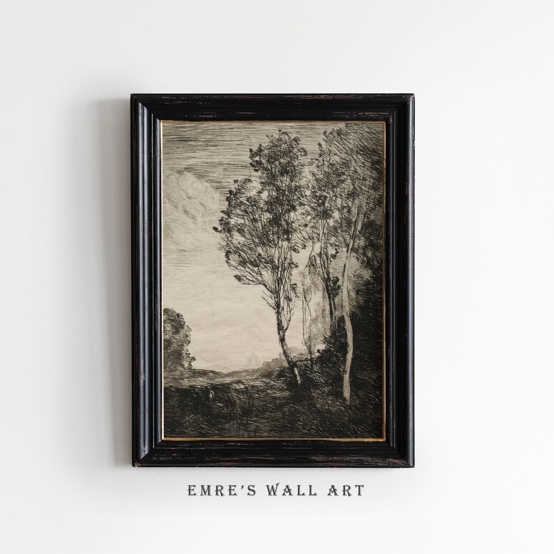 Vintage Landscape Sketch Art Print Rustic Drawing Wall Decor Neutral Farmhouse Artwork - Image 2