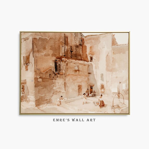 Vintage Italian Wall Decor Neutral Muted Art Print Vintage Neutral Wall Art Antique Watercolor Painting Vintage Orange Art Print