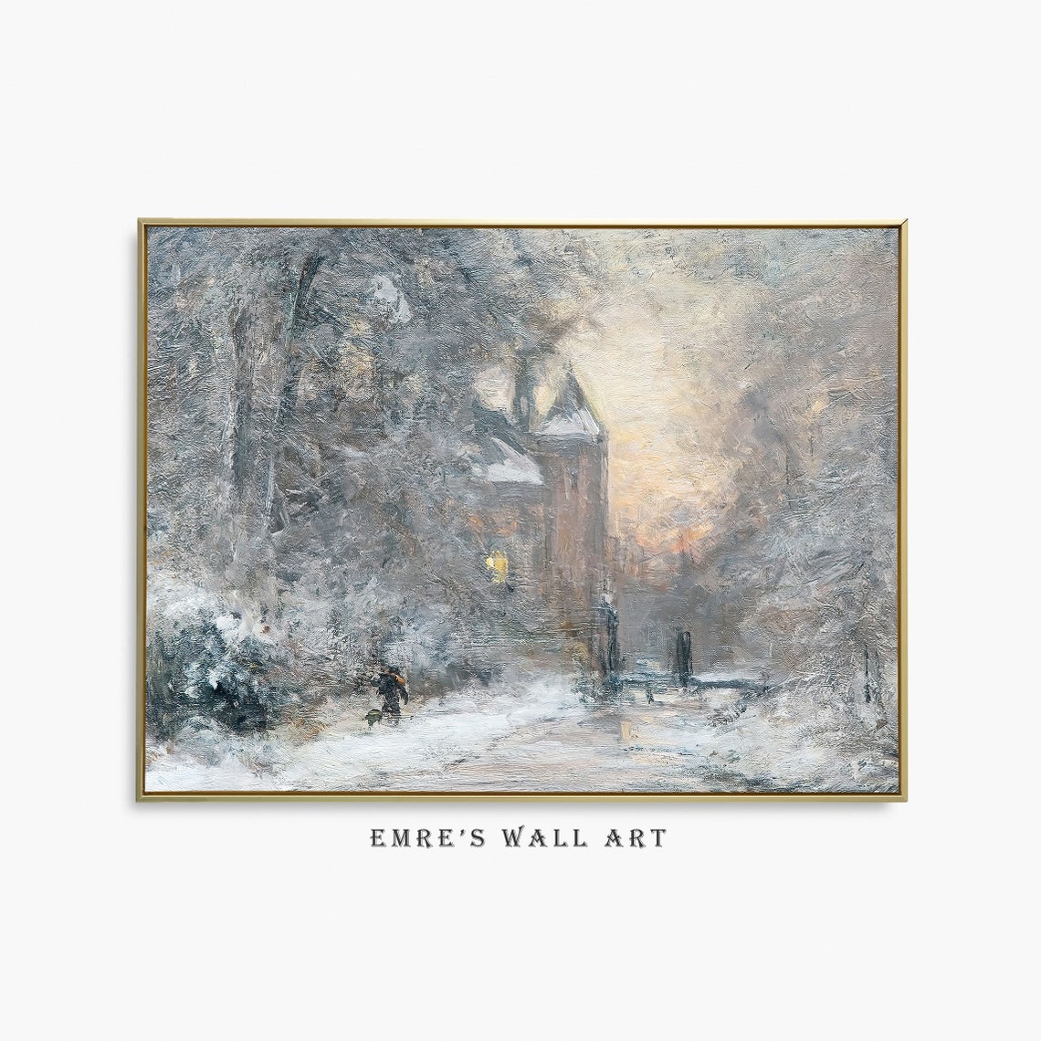 Winter Chateau Snowy Manor House Impressionist Oil Art Poster