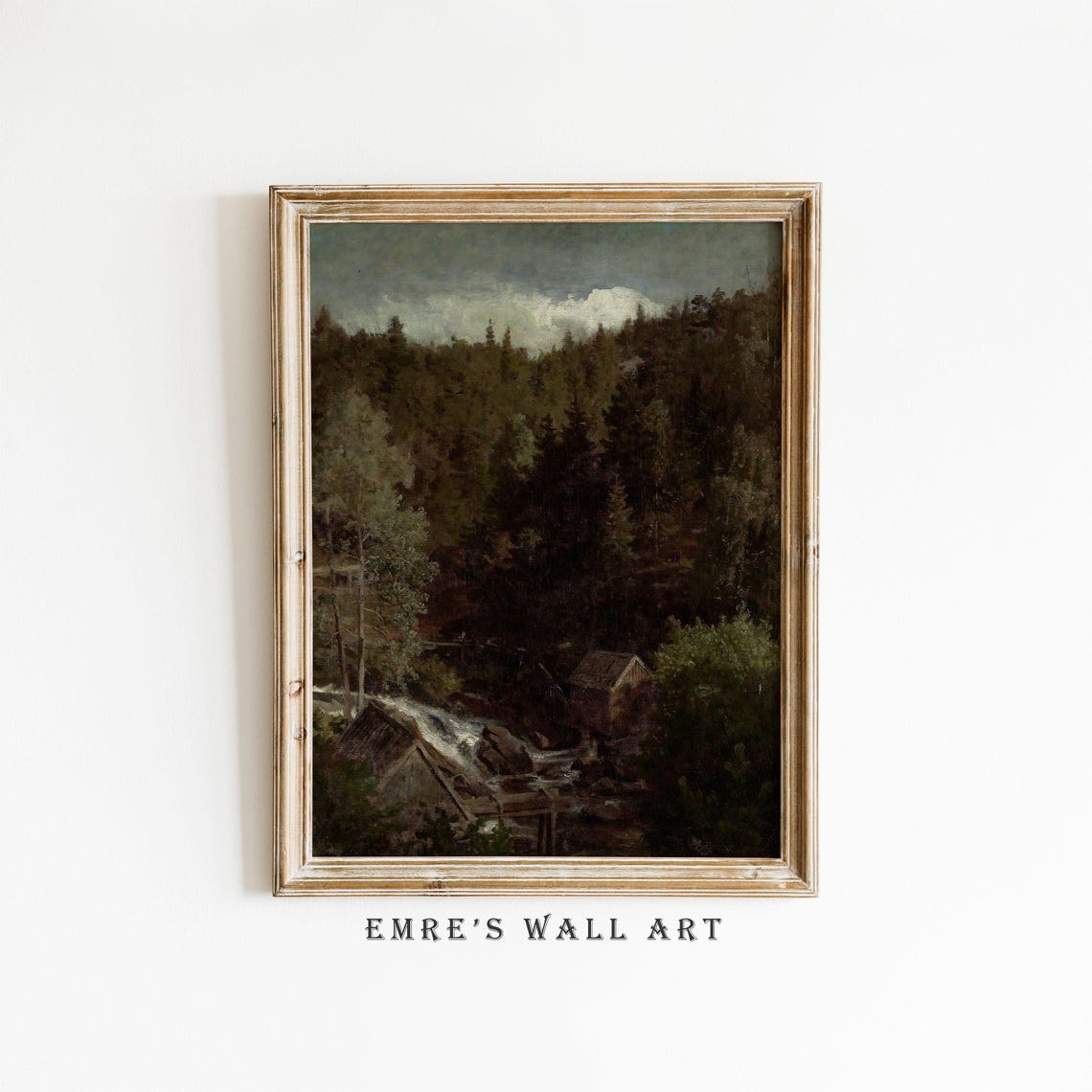 Dark Pine Forest Waterfall and Old Mill Moody Painting Poster - Image 2