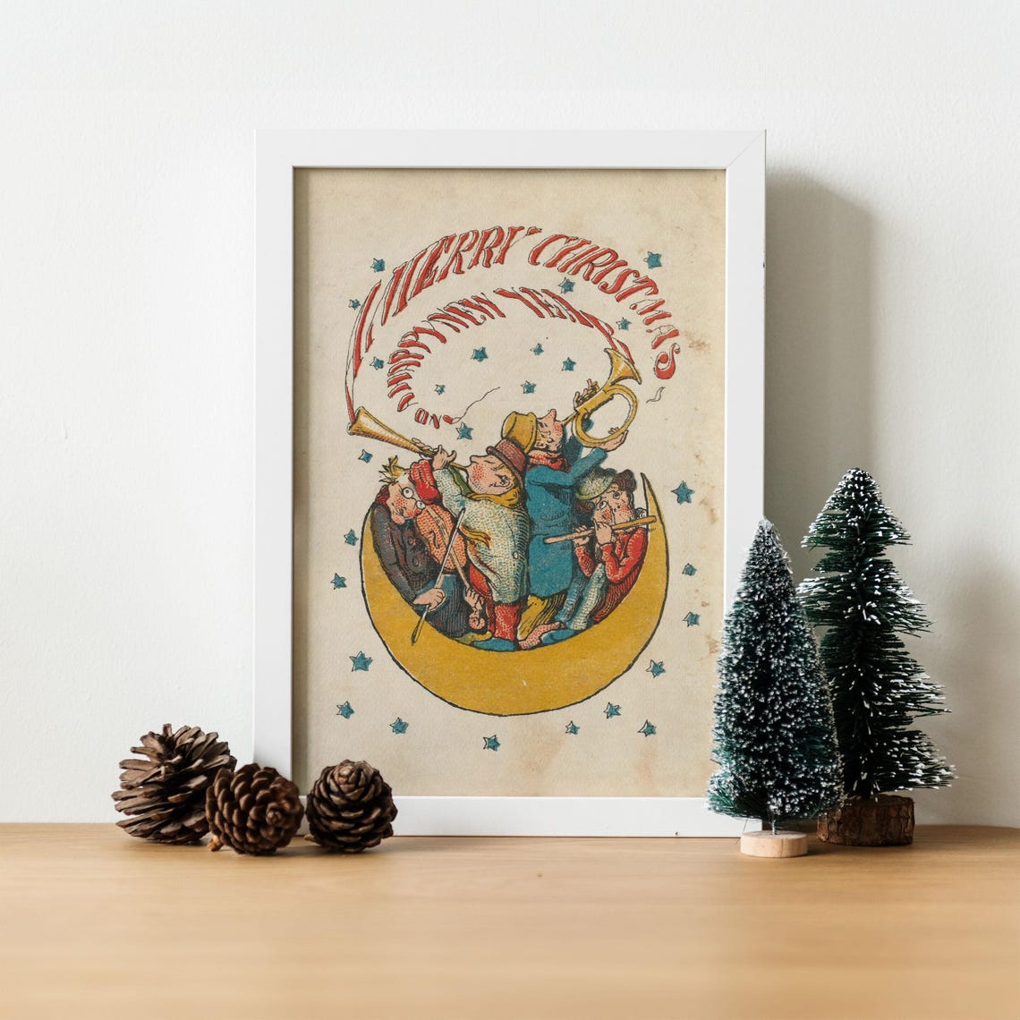 A Merry Christmas Crescent Moon Musicians Vintage Holiday Card Poster - Image 4