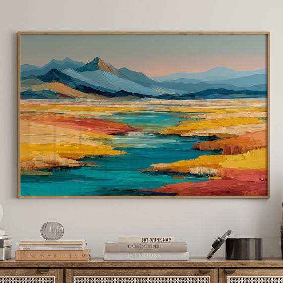 Abstract Desert Landscape Canvas Bold Mountains And Turquoise River