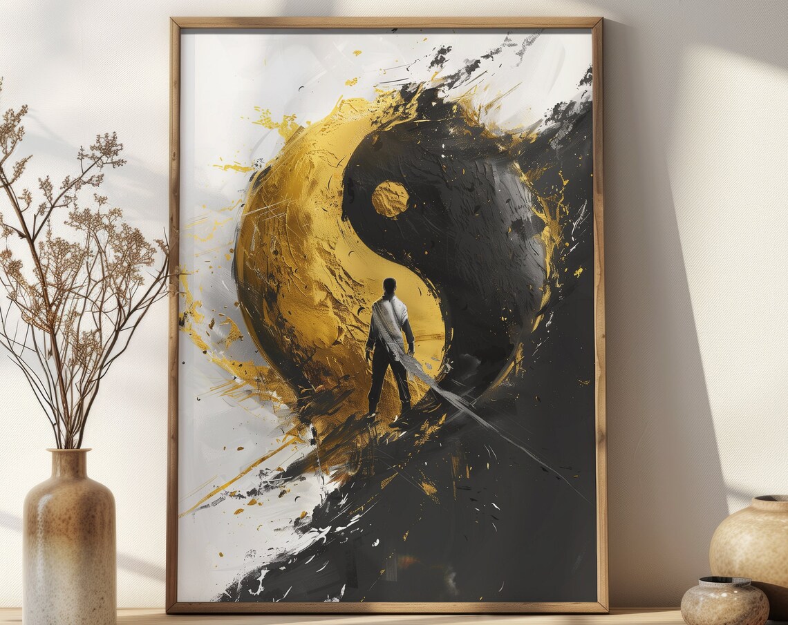 Yin Yang Gold Black Brushstroke Warrior Figure Abstract Art Poster
