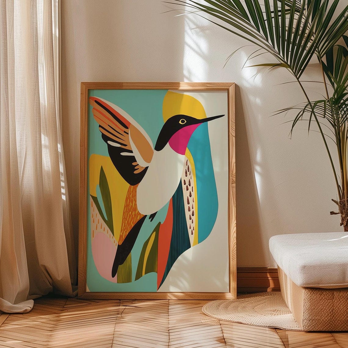 Colorful Abstract Hummingbird Mid Century Modern Boho Bird Art Poster