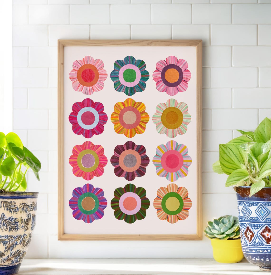 Retro Flower Medallion Grid Colorful Daisy Pattern Wall Poster