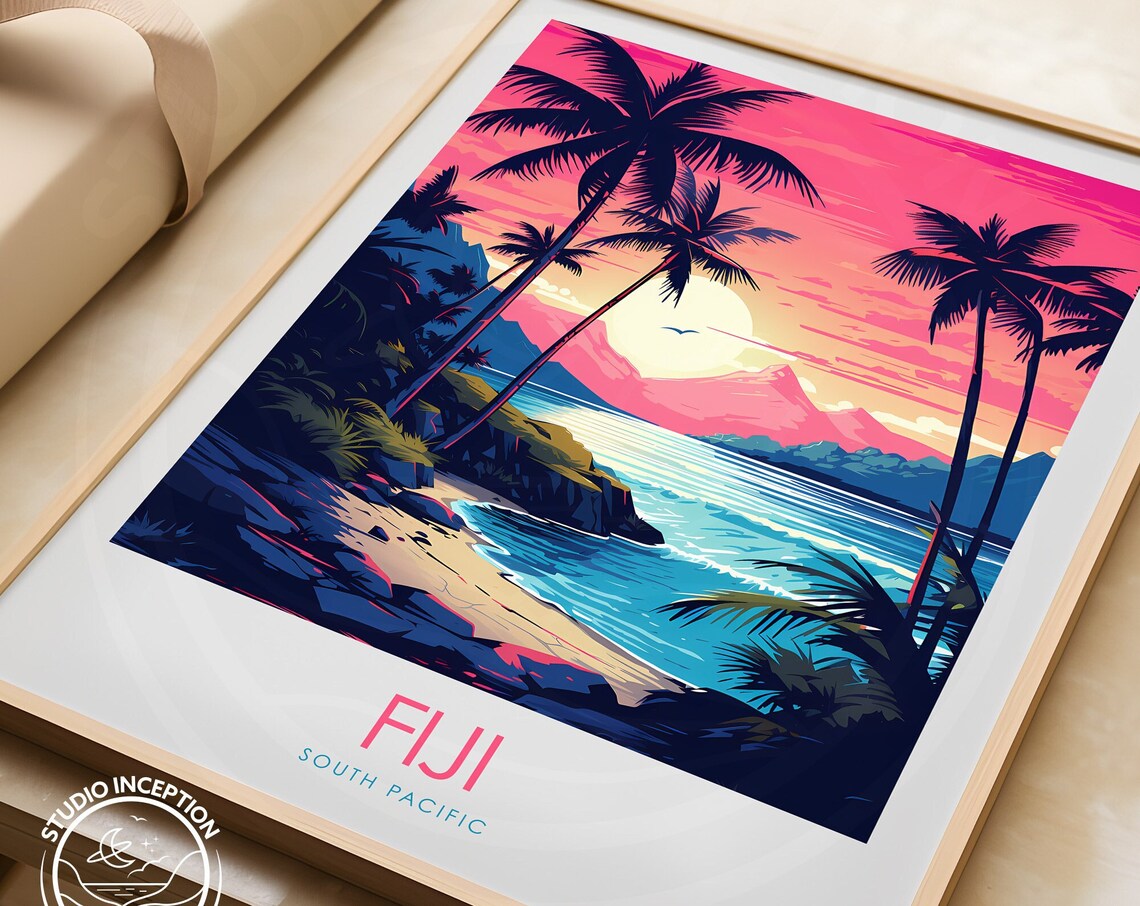 Fiji At Sunset Travel Poster, South Pacific Scene - Image 3