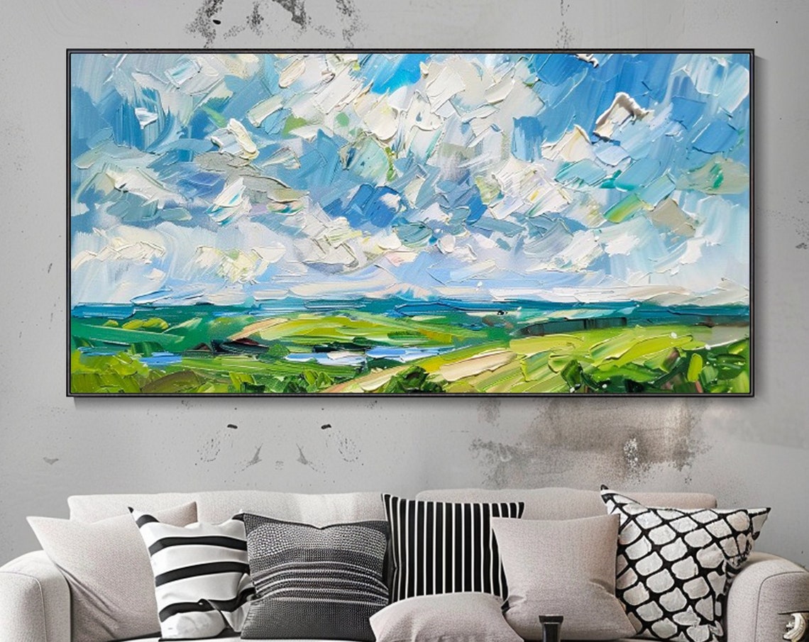 Dramatic Cloud Sky Green Rolling Hills Impasto Landscape Art Poster