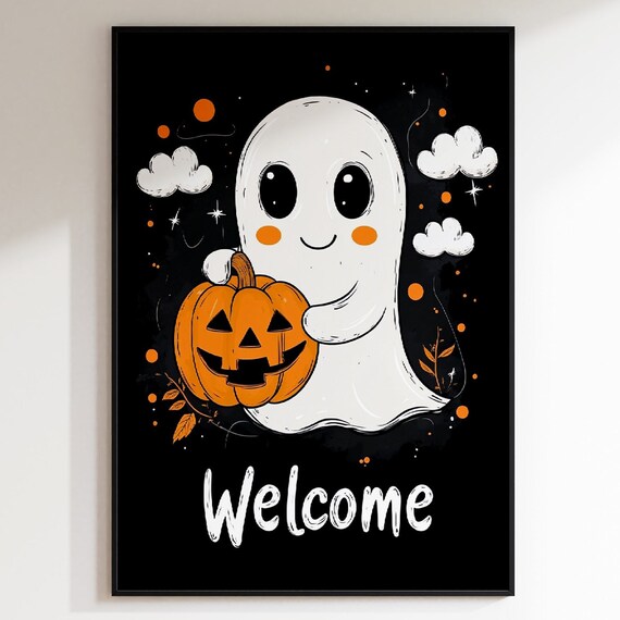 Cute Smiling Ghost Hugging a Grinning Pumpkin Welcome Halloween Poster