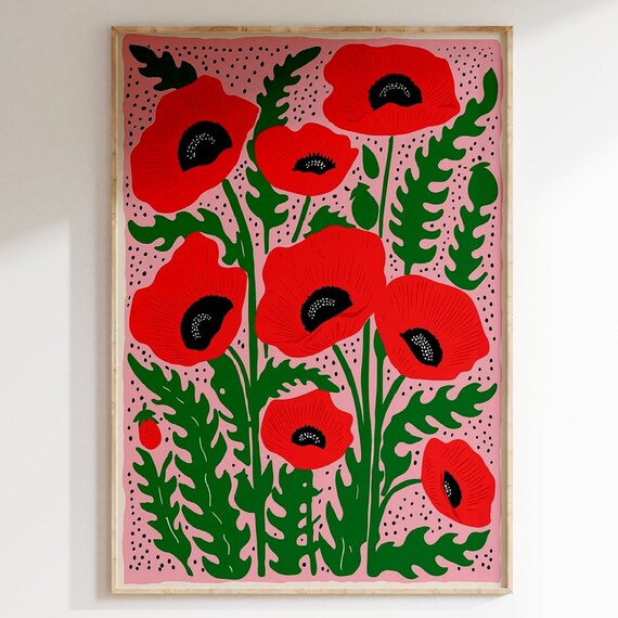 Vintage Red Poppies, Matisse-Inspired Floral Poster