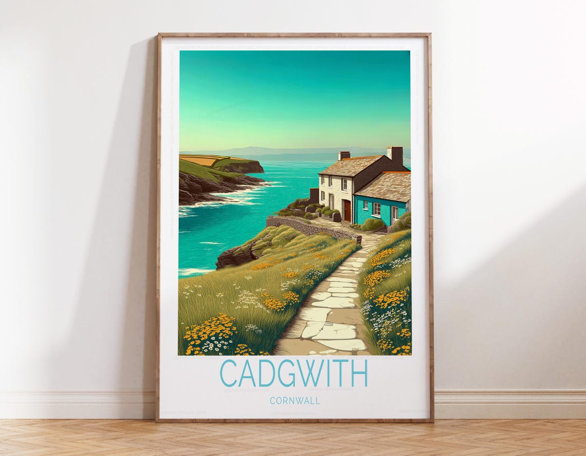 Cadgwith Cornwall Coastal Poster with Cottages and Cliffside Sea Path
