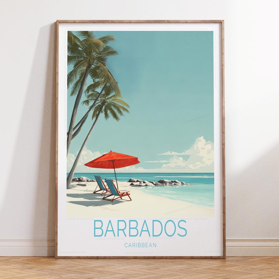 Barbados Caribbean Beach Palm Trees Retro Sunset Travel Poster