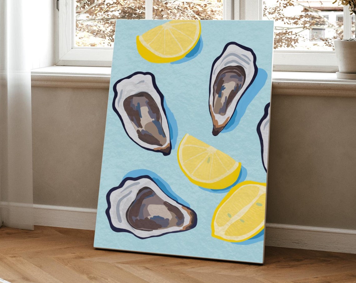 Oysters And Lemons Coastal Wall Art Blue Summer Seafood Kitchen Print