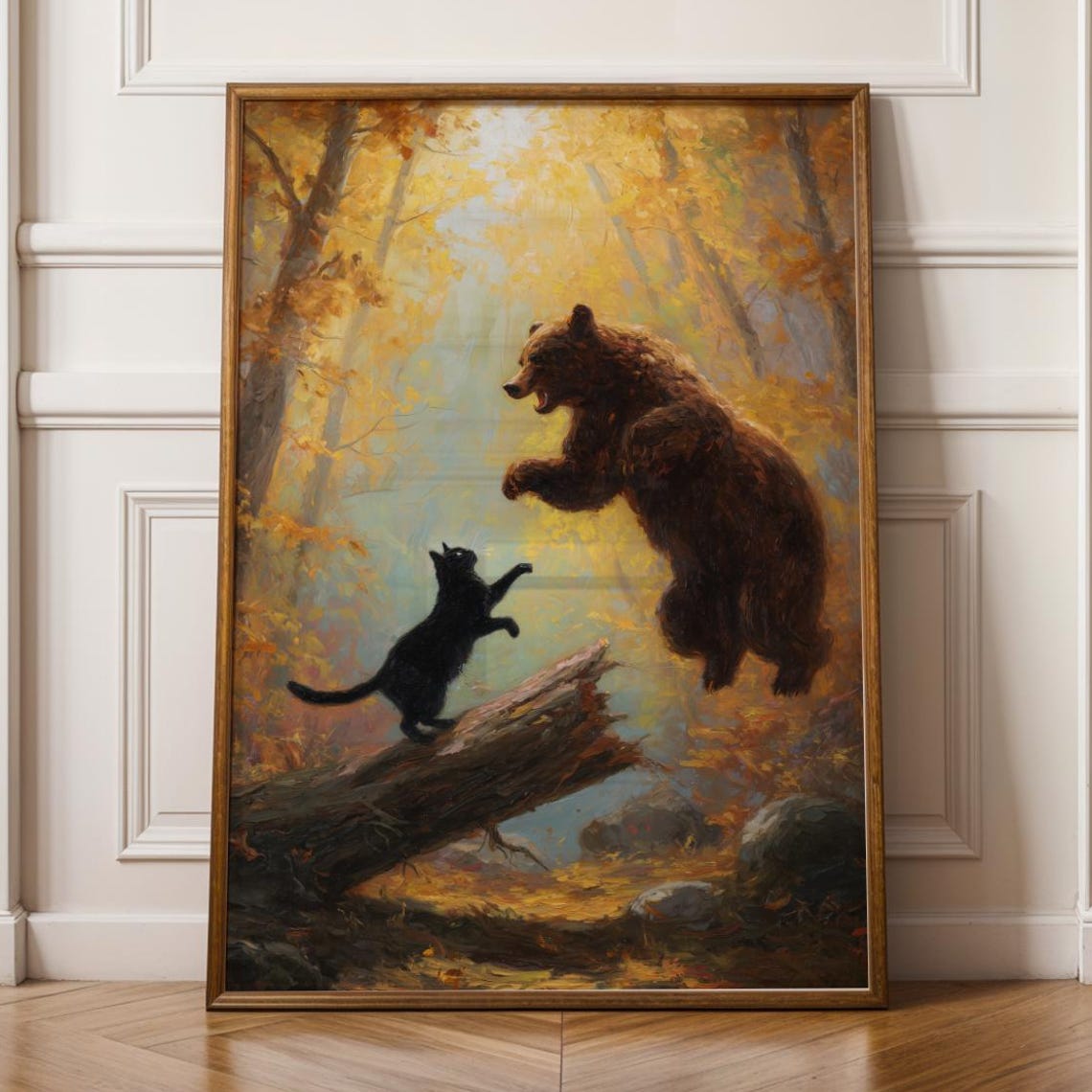 Bear And Cat Fantasy Print Maximalist Wall Art Funny Black Decor Dramatic Oil Style Animal Painting