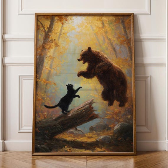 Bear And Cat Fantasy Print Maximalist Wall Art Funny Black Decor Dramatic Oil Style Animal Painting