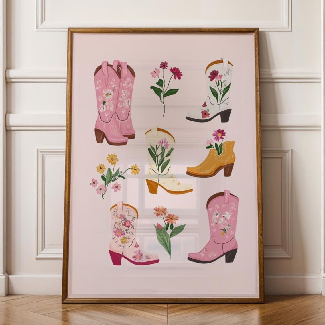 Six Floral Cowboy Boots Pink White Mustard Western Boot Art Poster