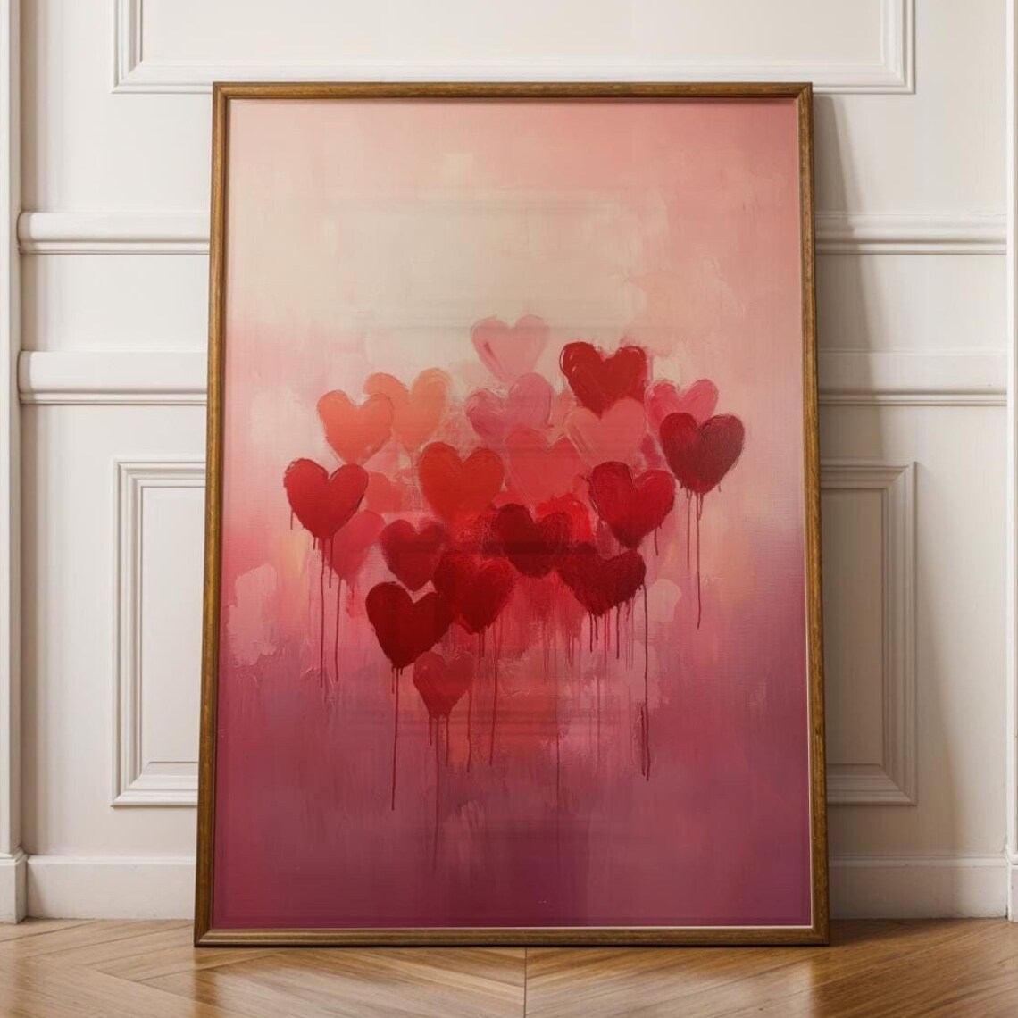 Abstract Dripping Red Hearts Painting In Romantic Pink Tones Poster