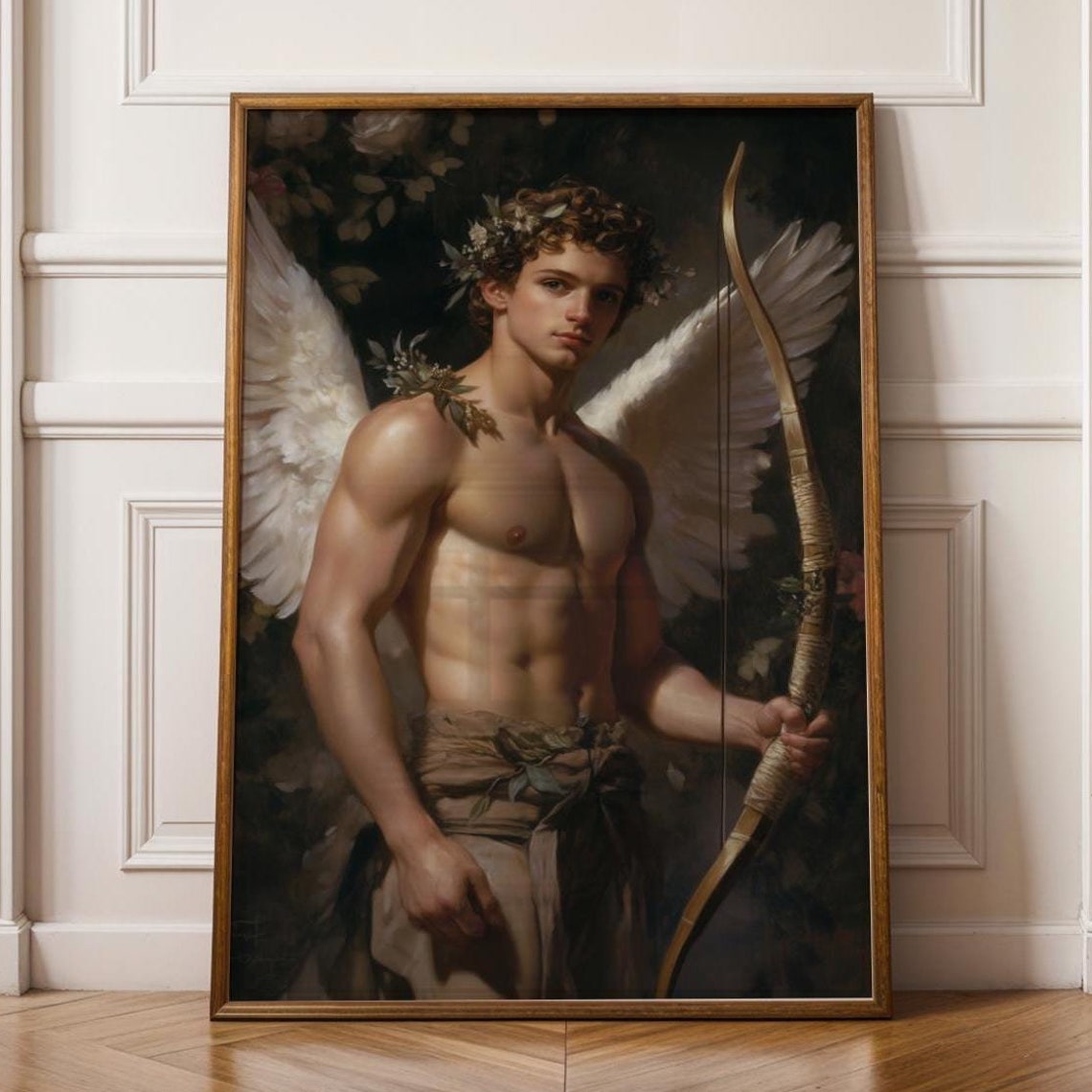 Cupid Angel with Bow Floral Crown Classical Mythology Art Poster