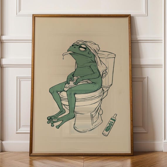 Frog On Toilet Green Art Print Retro Poster Vintage Funny Bathroom