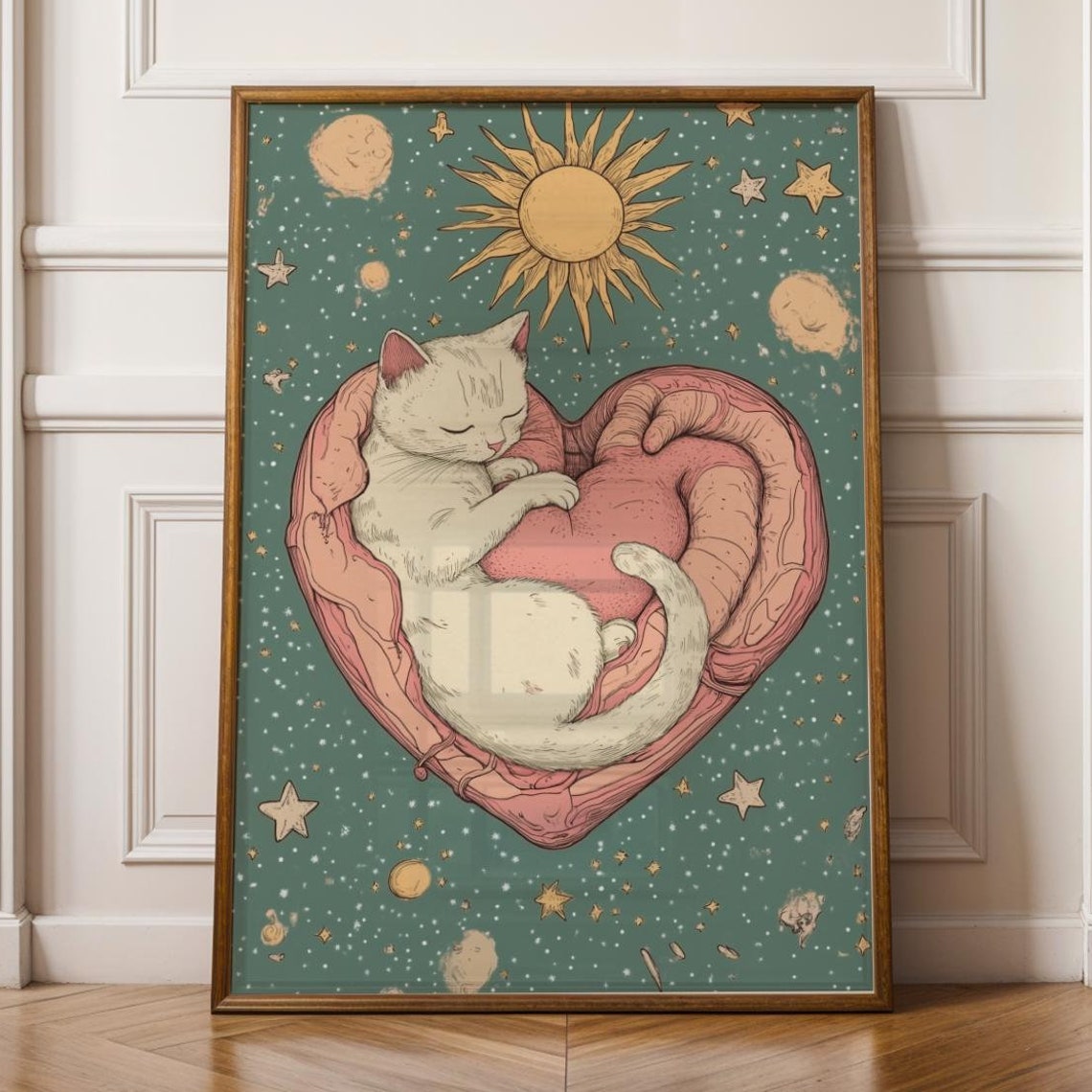 Sleeping White Cat on Heart Celestial Sun Moon Starry Poster