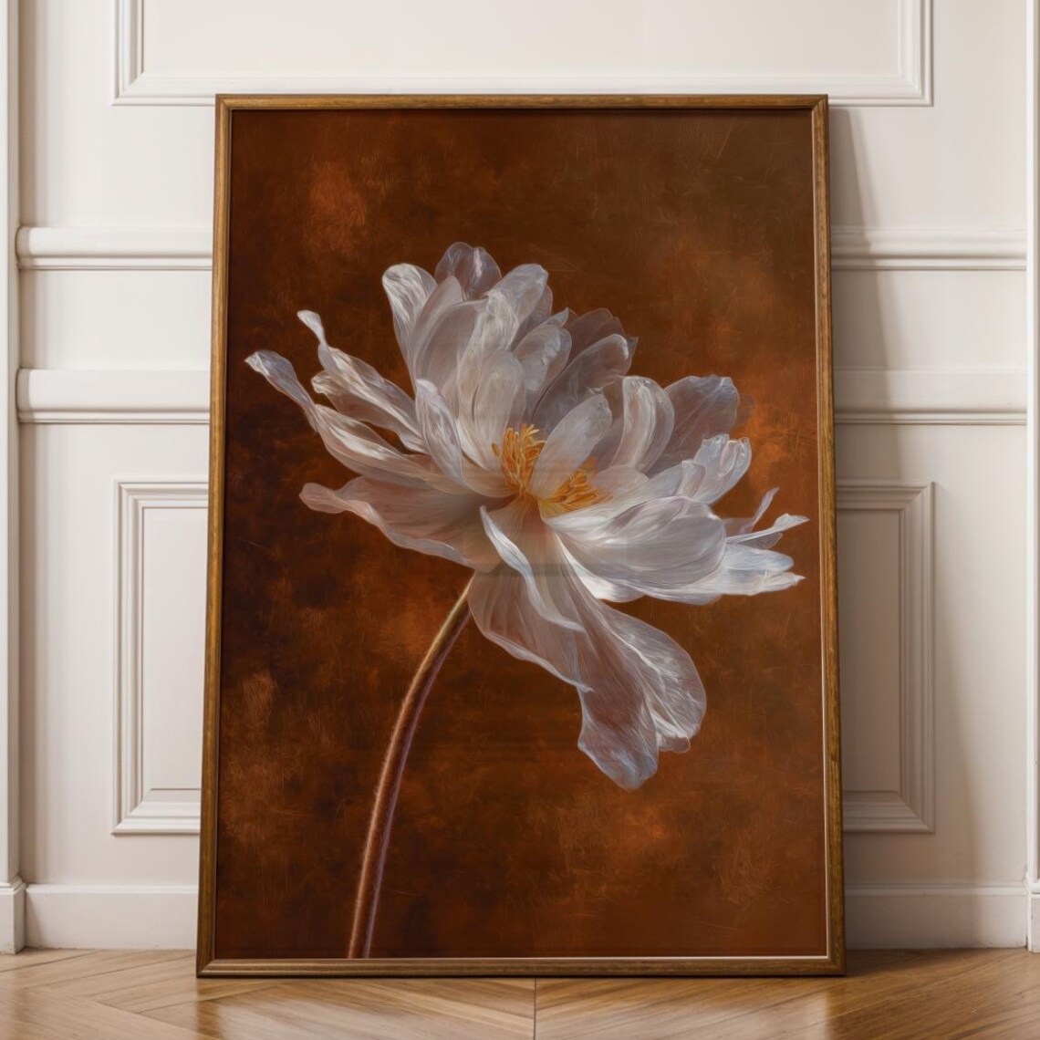 White Peony Flower Botanical Print, Burnt Orange Background