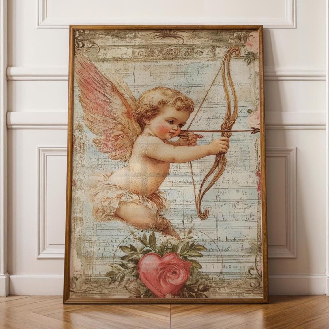 Cupid Drawing His Bow Antique Paper Art Vintage Romantic Archer Poster