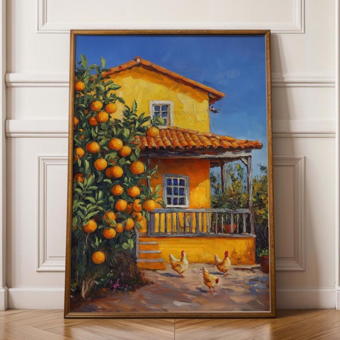Orange Tree Yellow Farmhouse Chickens Sunny Country Painting Print