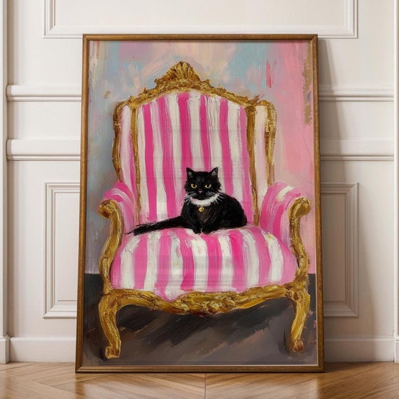 Black Cat On Pink Striped Chair Poster