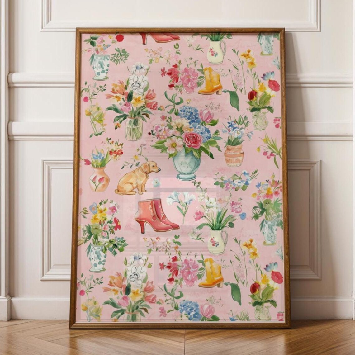 Pink Floral Collage Bouquets Puppy Boots Botanical Pattern Poster