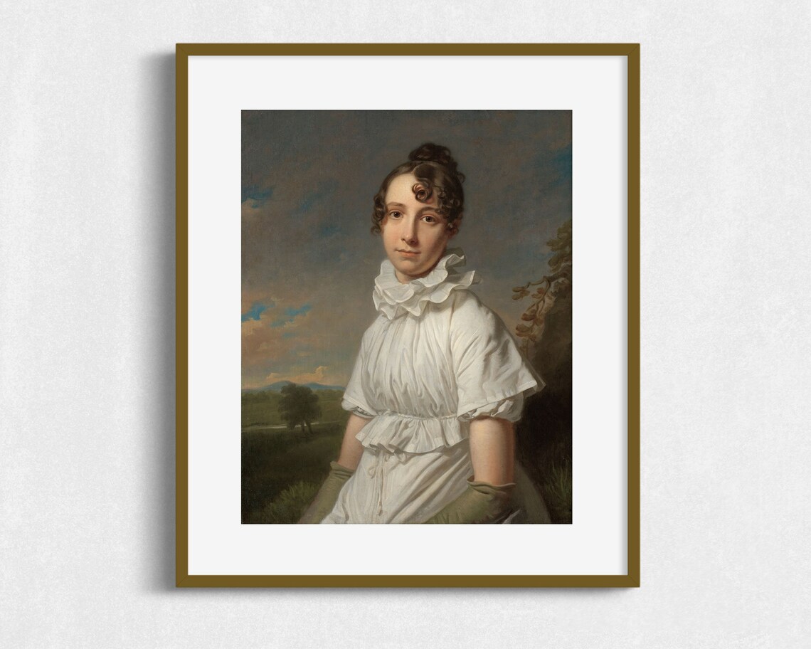 Antique Portrait Young Woman White Dress Ruffled Collar Landscape Oil Painting Art Print - Image 2