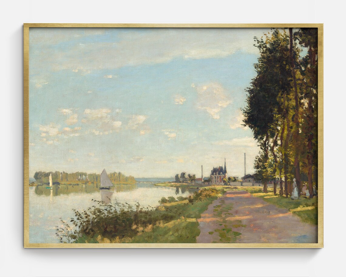 River Landscape Vintage Antique Sailing Art