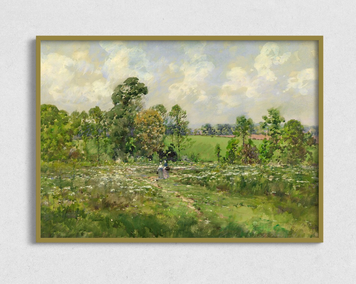 Vintage Meadow Flower Field Landscape Art Print