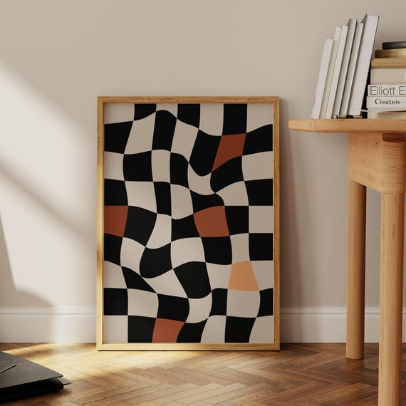 Checkered Home Decor Wavy Checkerboard Print Abstract Geometric Black Wall Art 70s Funky Poster Checker Groovy