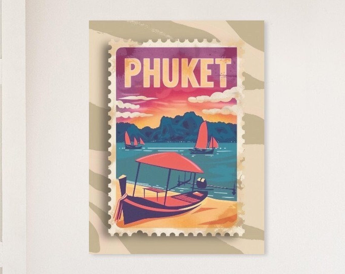 Phuket Thailand Beach Sunset Longtail Boat Stamp Travel Poster