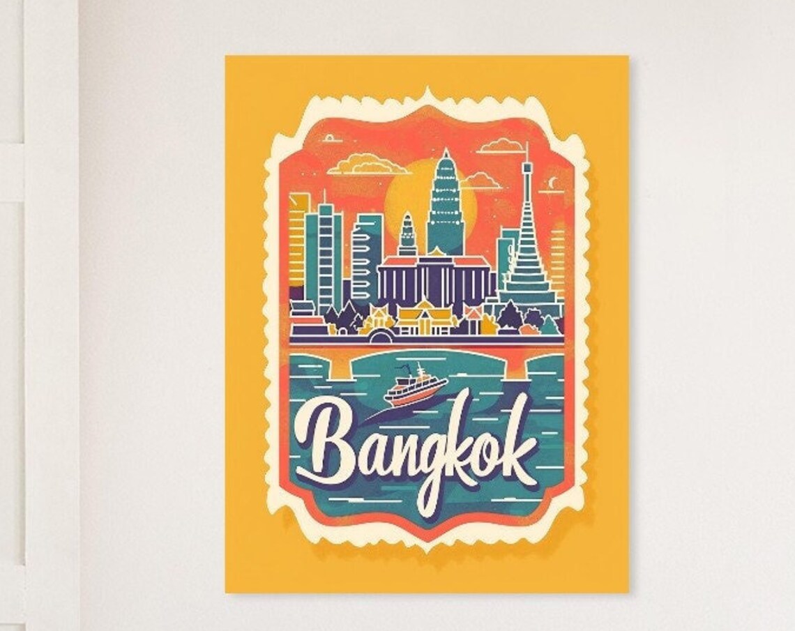 Bangkok Thailand Temples River Boat Vintage Travel Stamp Poster