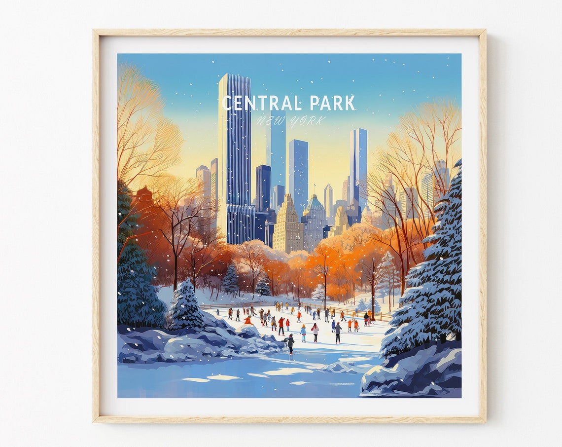 Central Park New York Winter Ice Skating Scene Travel Poster