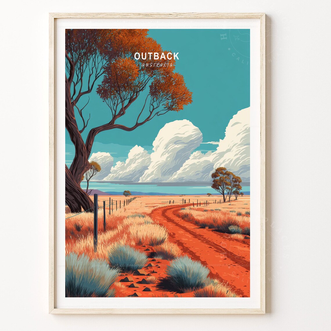 Outback Australia Red Road Gum Tree Vintage Desert Scene Travel Poster