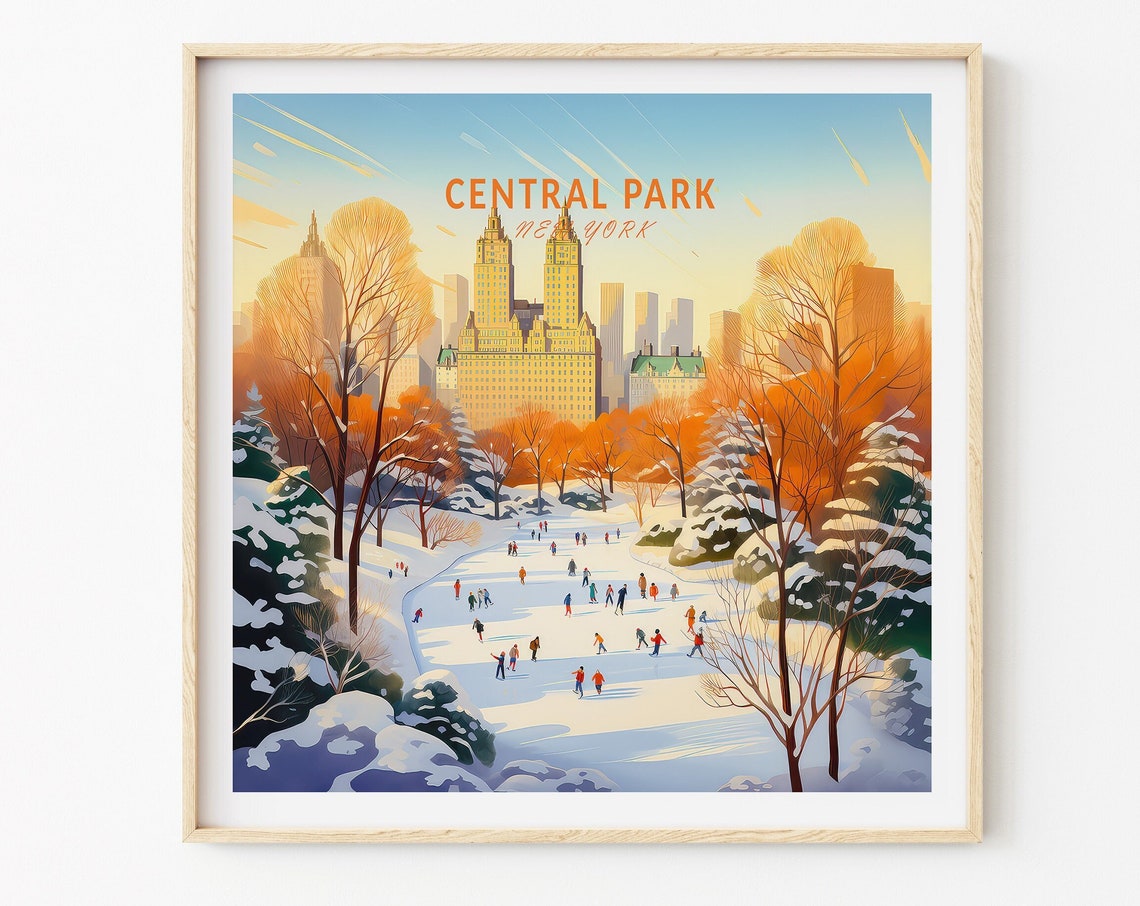 Golden Central Park New York Winter Ice Skaters Snow Travel Poster - Image 3